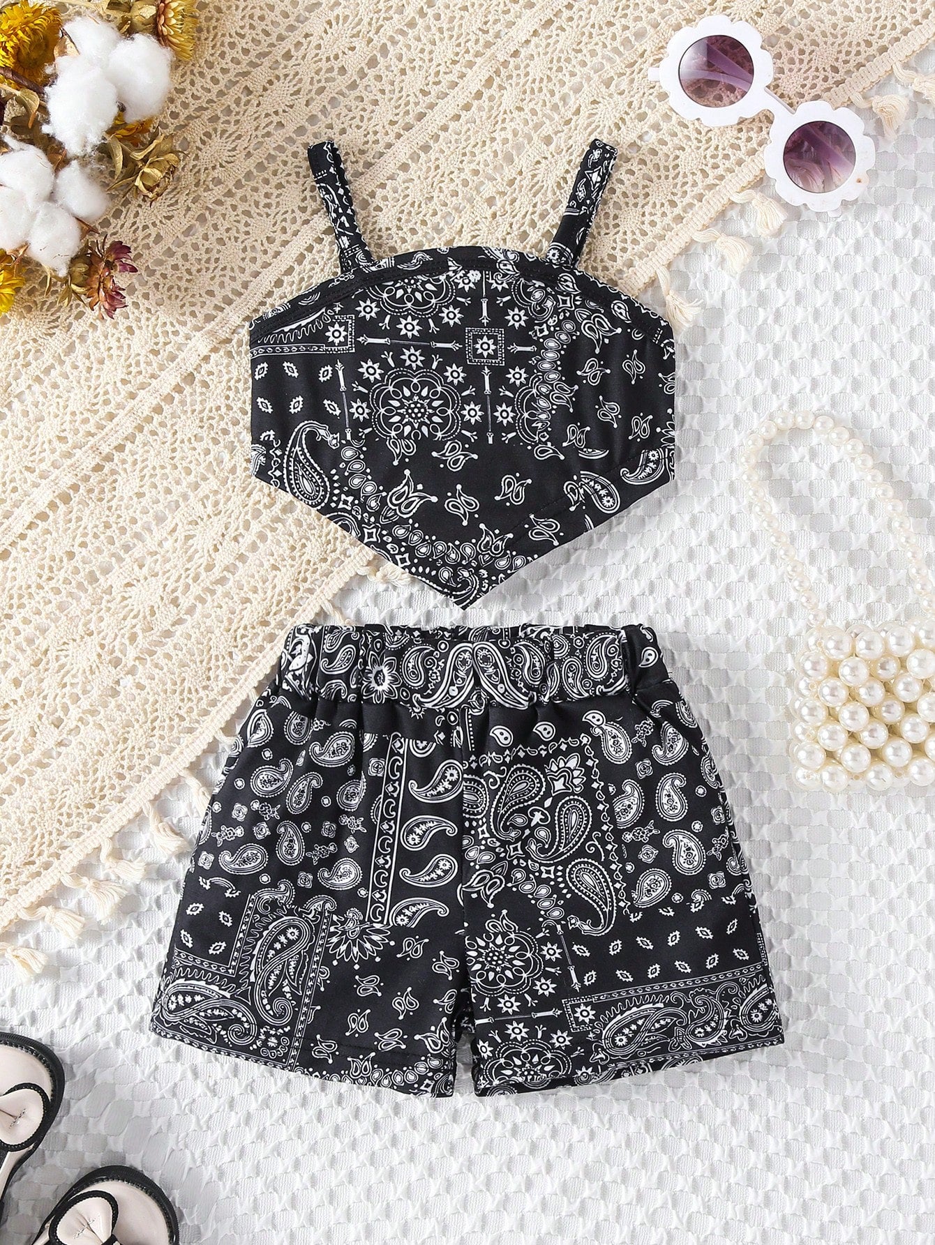 2pcs Girls Paisley Bandana Cami Top & Shorts Set - Onyx | 21 Centur...