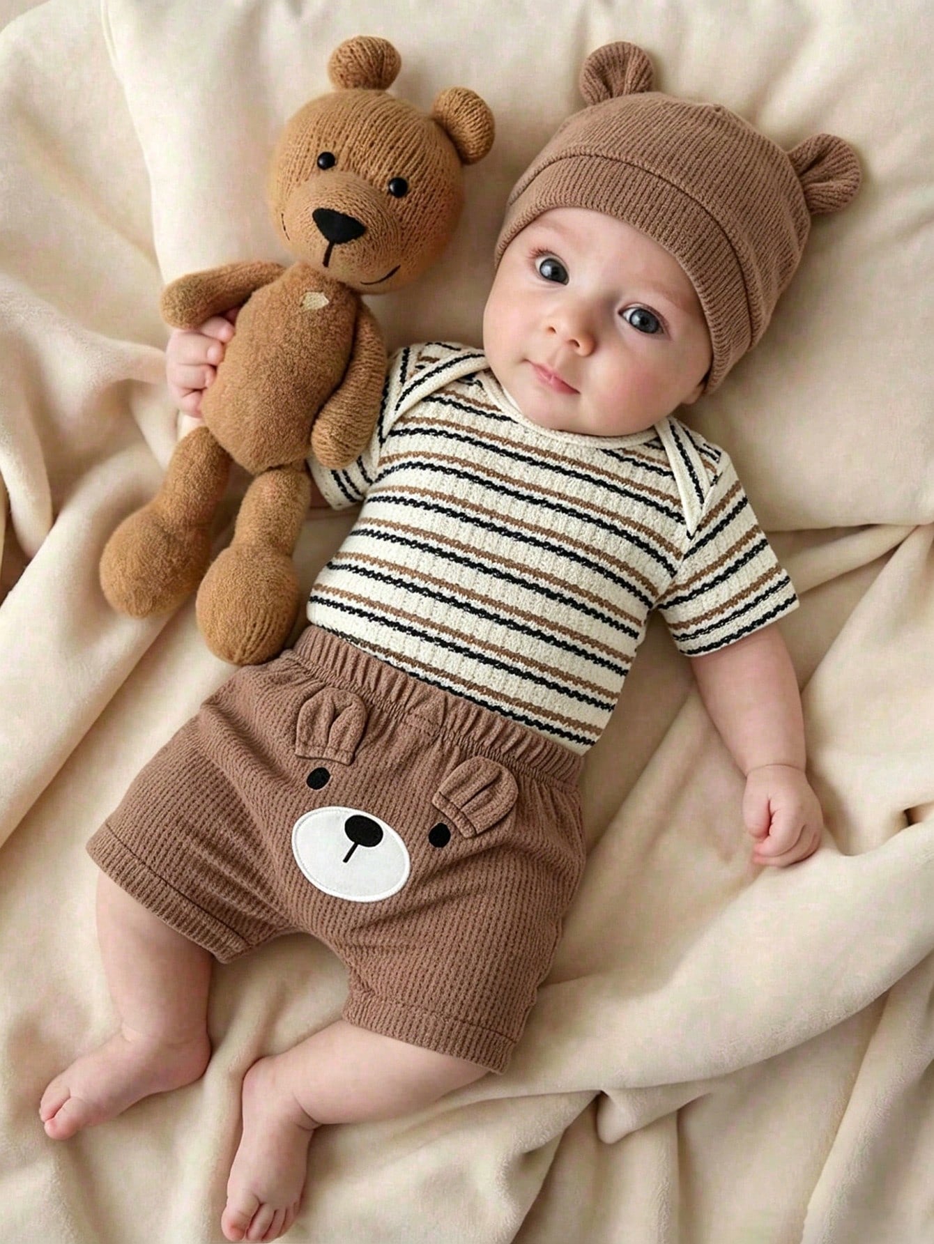 Baby Boys Bear Embroidered Waffle Knit Set - Latte