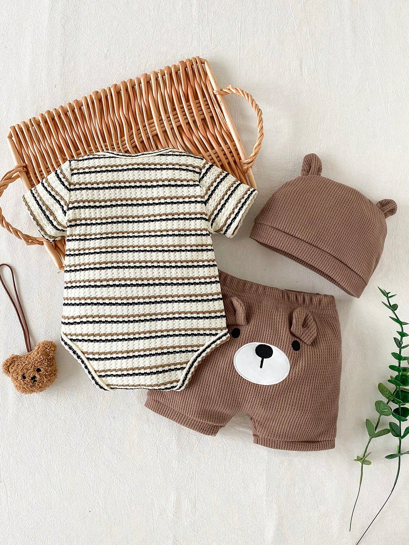 Baby Boys Bear Embroidered Waffle Knit Set - Latte