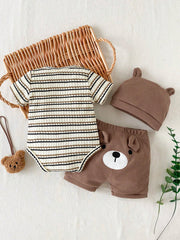 Baby Boys Bear Embroidered Waffle Knit Set - Latte