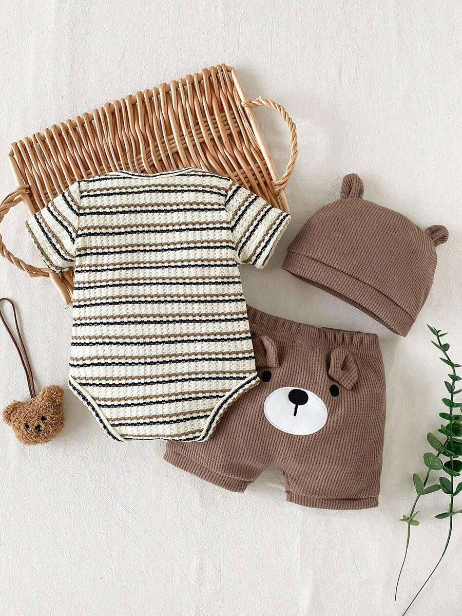 Baby Boys Bear Embroidered Waffle Knit Set - Latte