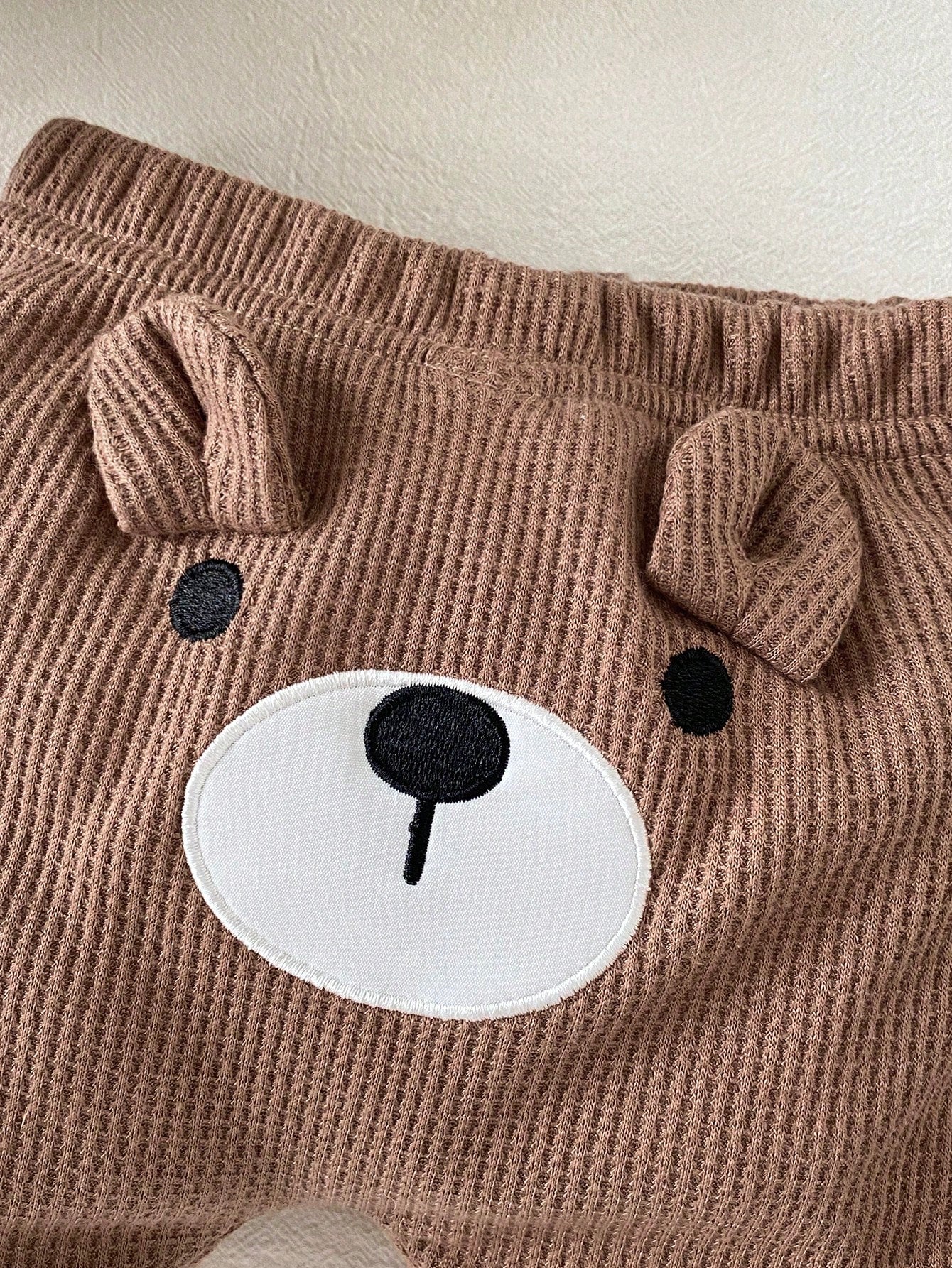 Baby Boys Bear Embroidered Waffle Knit Set - Latte