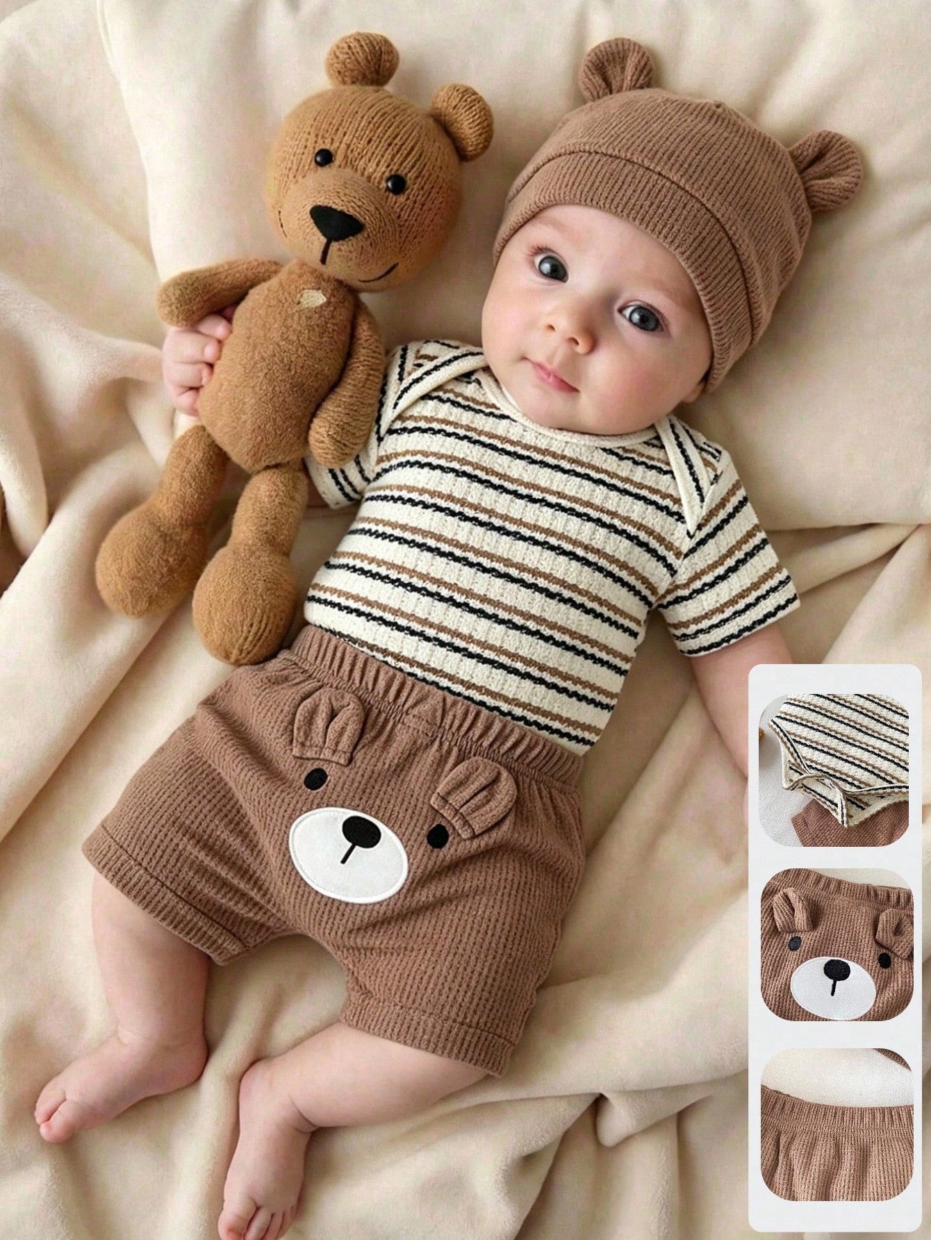 Baby Boys Bear Embroidered Waffle Knit Set - Latte