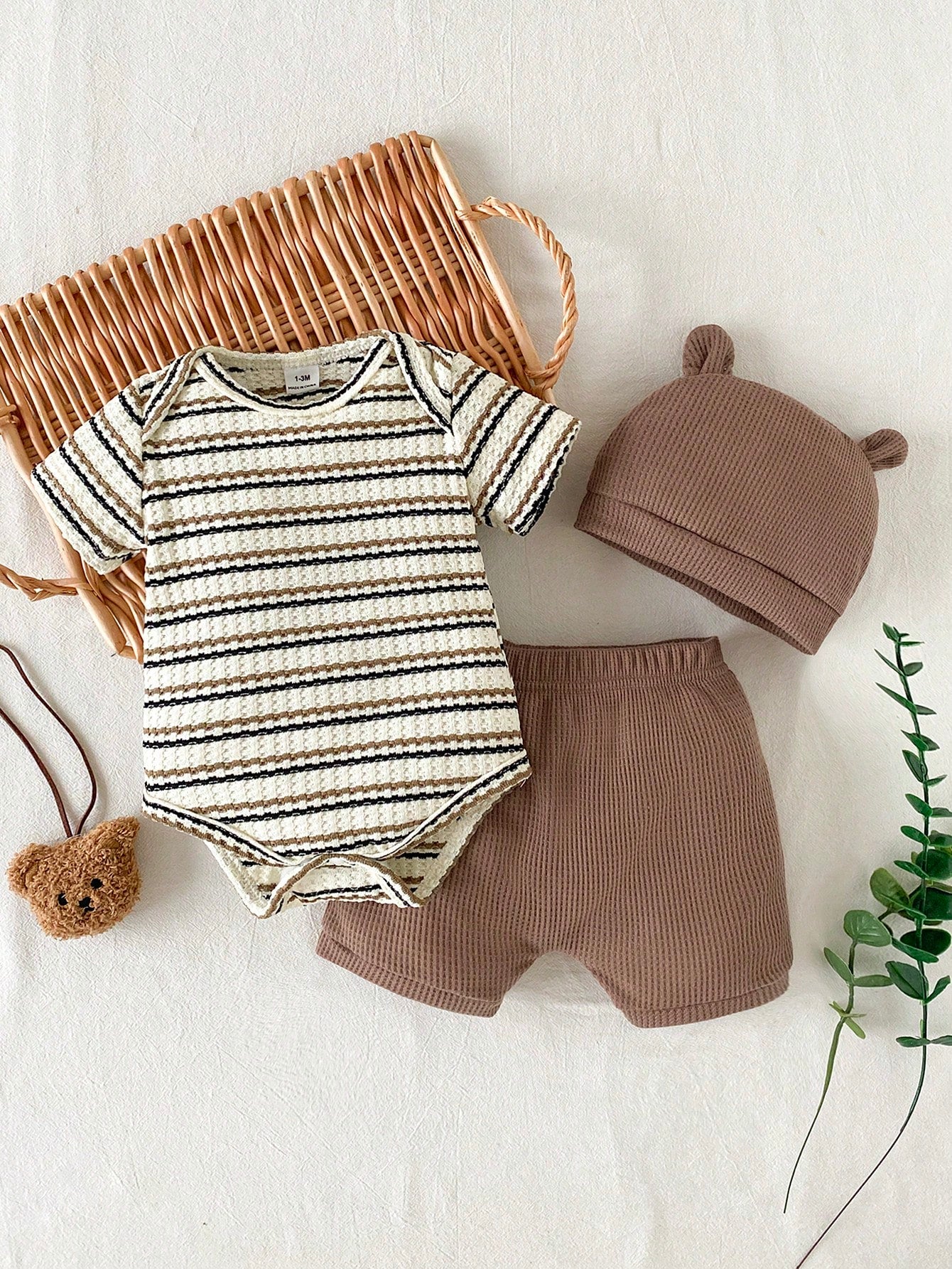 Baby Boys Bear Embroidered Waffle Knit Set - Latte