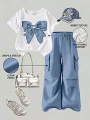 2pcs Girls Sequin Bow Ribbed Tee & Cargo Pants Set - Cerulean | 21 ...