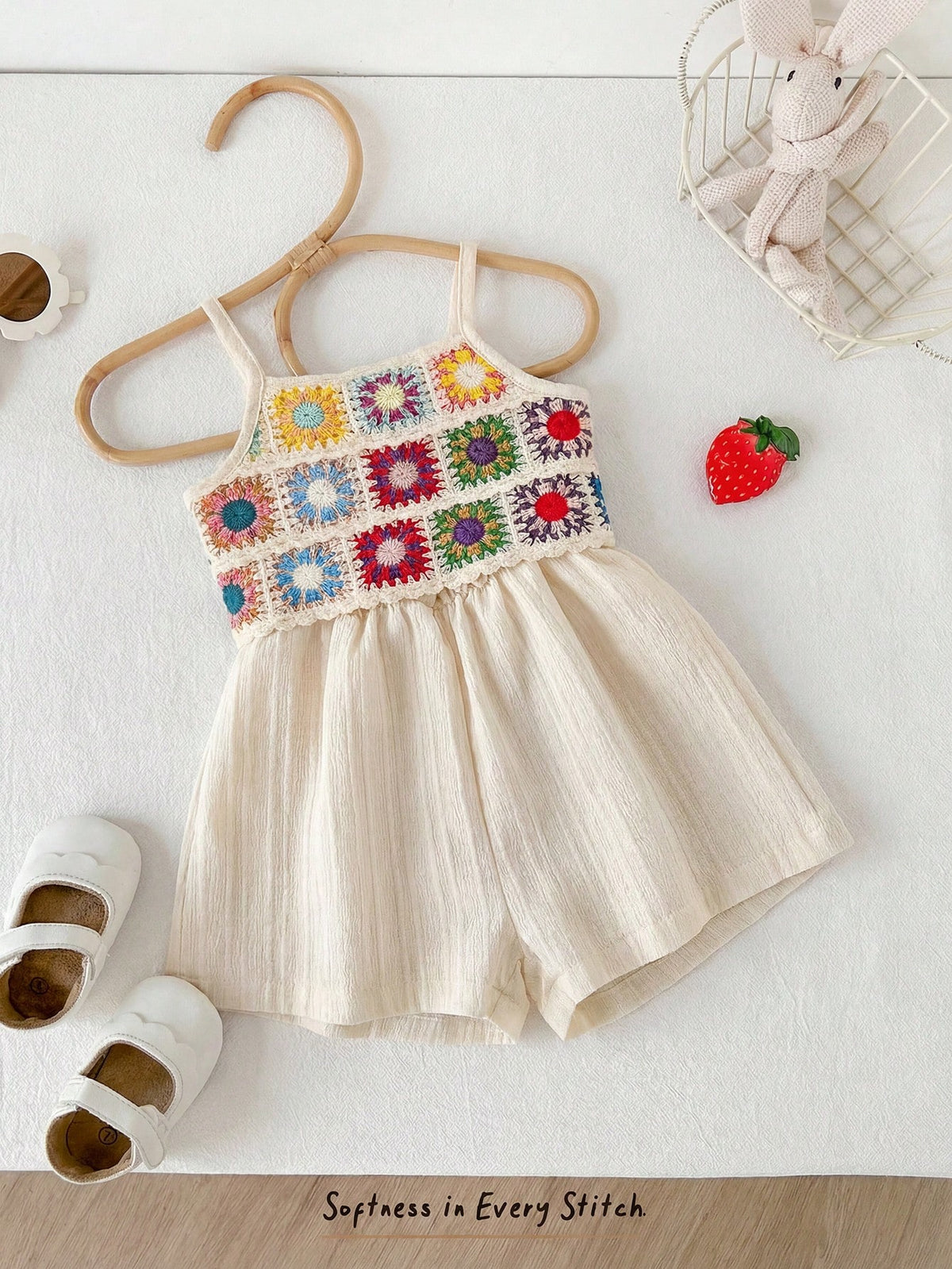Girls Crochet Granny Square Spaghetti Strap Romper - Ecru