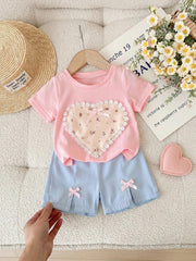 2pcs Girls Floral Heart Appliqué Tee & Shorts Set - Blush | 21 Cent...