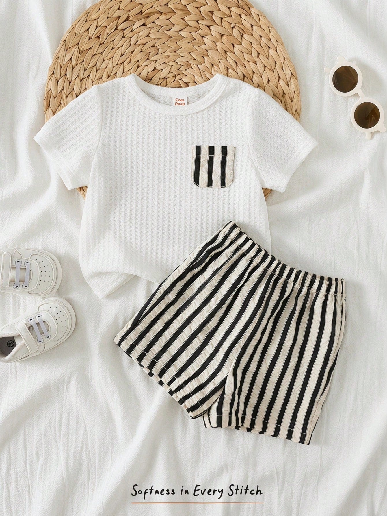 2pcs Boys Waffle Knit Tee & Striped Shorts Set - Ivory | 21 Century...