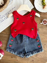 2pcs Girls Strawberry Embroidered Ribbed Tank & Denim Shorts Set - ...