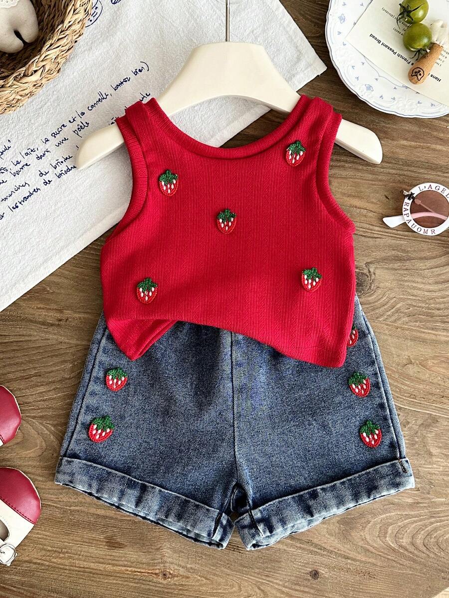 2pcs Girls Strawberry Embroidered Ribbed Tank & Denim Shorts Set - ...