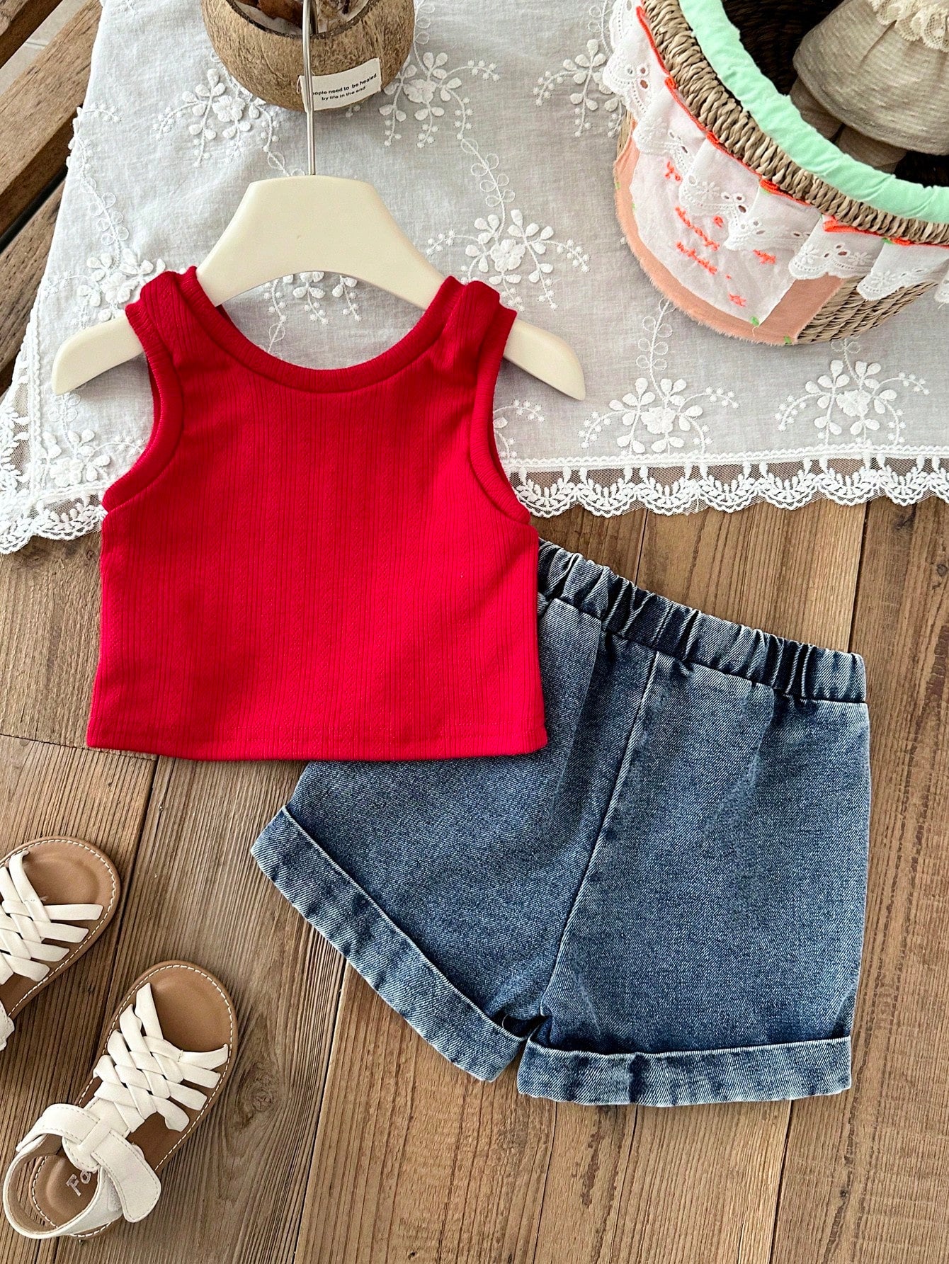 2pcs Girls Strawberry Embroidered Ribbed Tank & Denim Shorts Set - ...