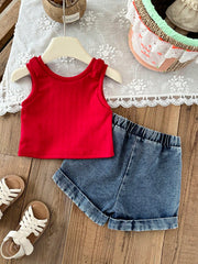 2pcs Girls Strawberry Embroidered Ribbed Tank & Denim Shorts Set - ...