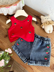2pcs Girls Strawberry Embroidered Ribbed Tank & Denim Shorts Set - ...