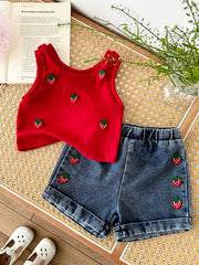 2pcs Girls Strawberry Embroidered Ribbed Tank & Denim Shorts Set - ...