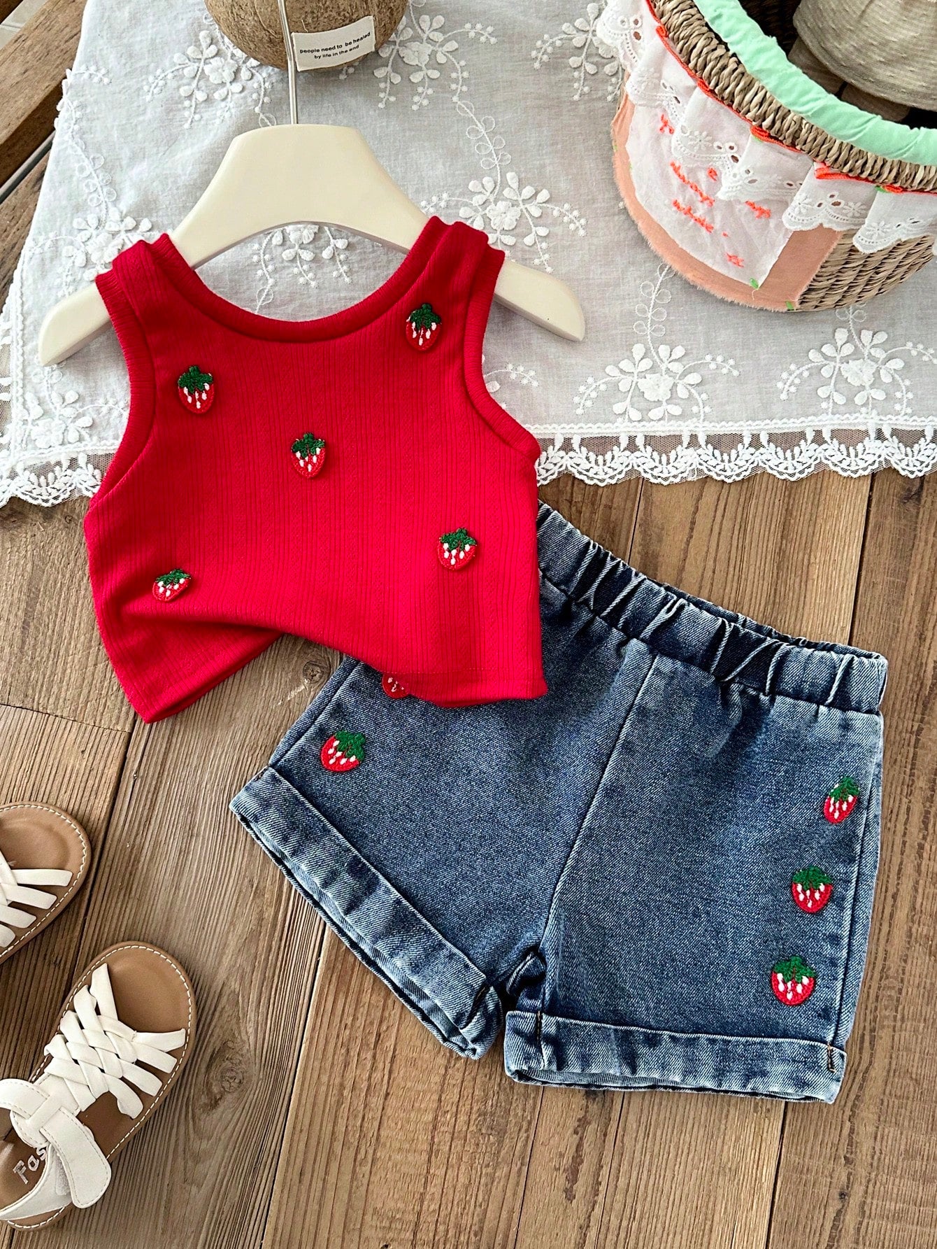 2pcs Girls Strawberry Embroidered Ribbed Tank & Denim Shorts Set - ...