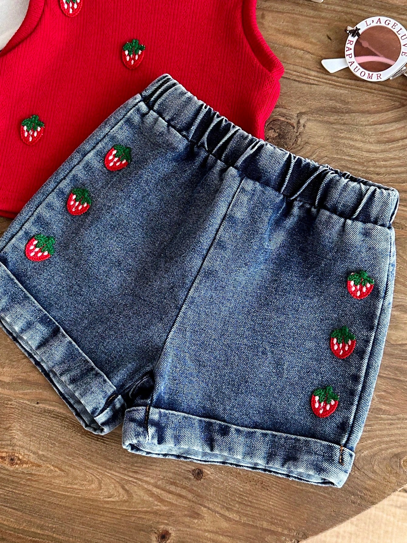 2pcs Girls Strawberry Embroidered Ribbed Tank & Denim Shorts Set - ...