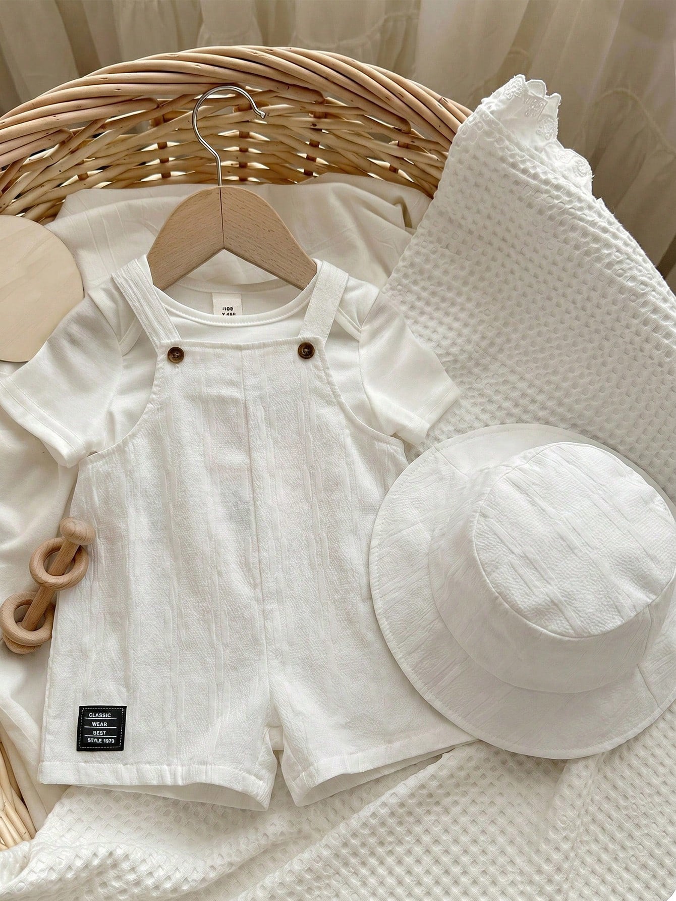 Baby Boys Bib Overall & Bucket Hat Set - Ivory