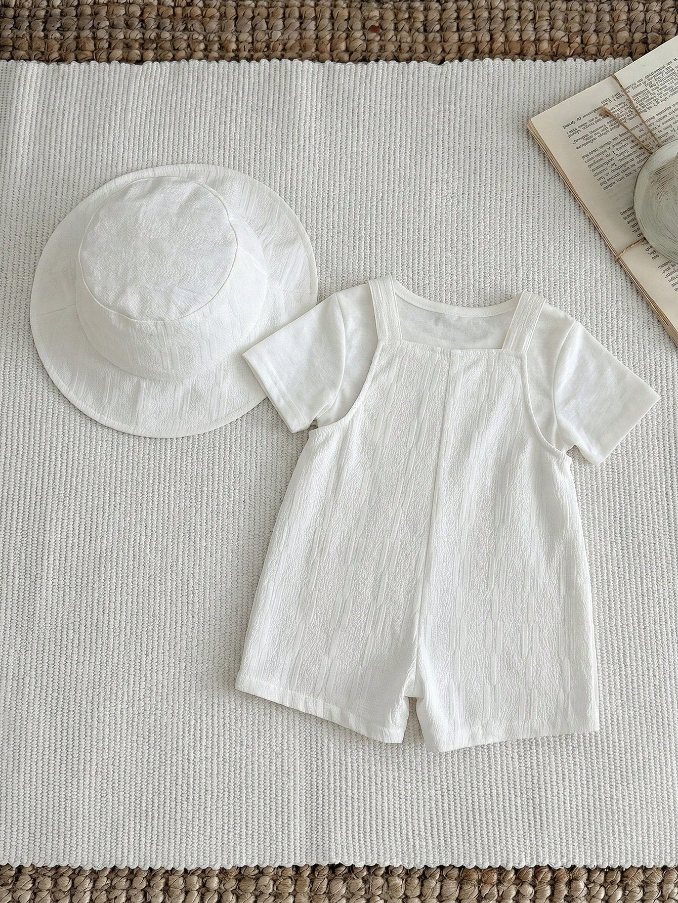 Baby Boys Bib Overall & Bucket Hat Set - Ivory