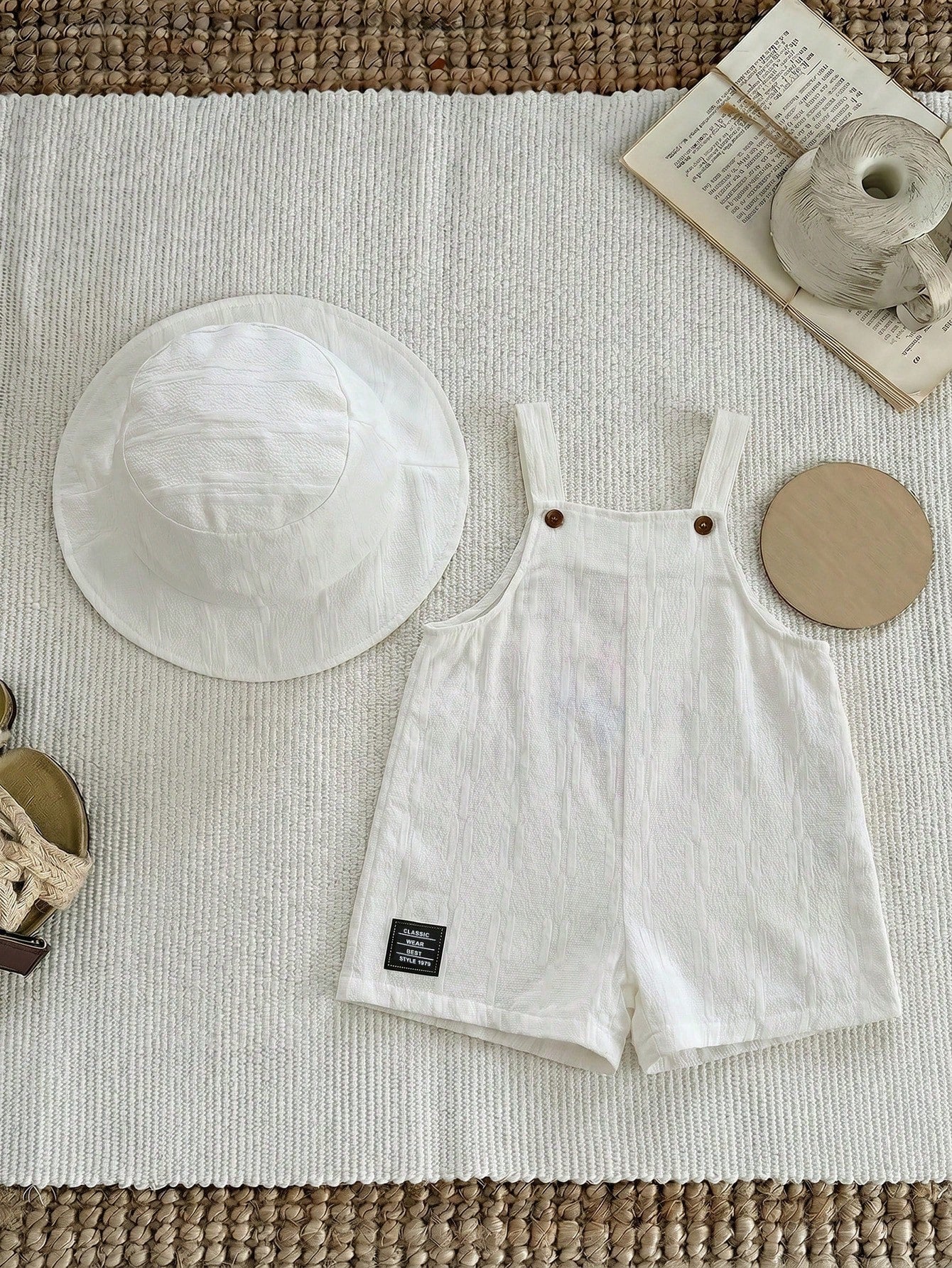 Baby Boys Bib Overall & Bucket Hat Set - Ivory