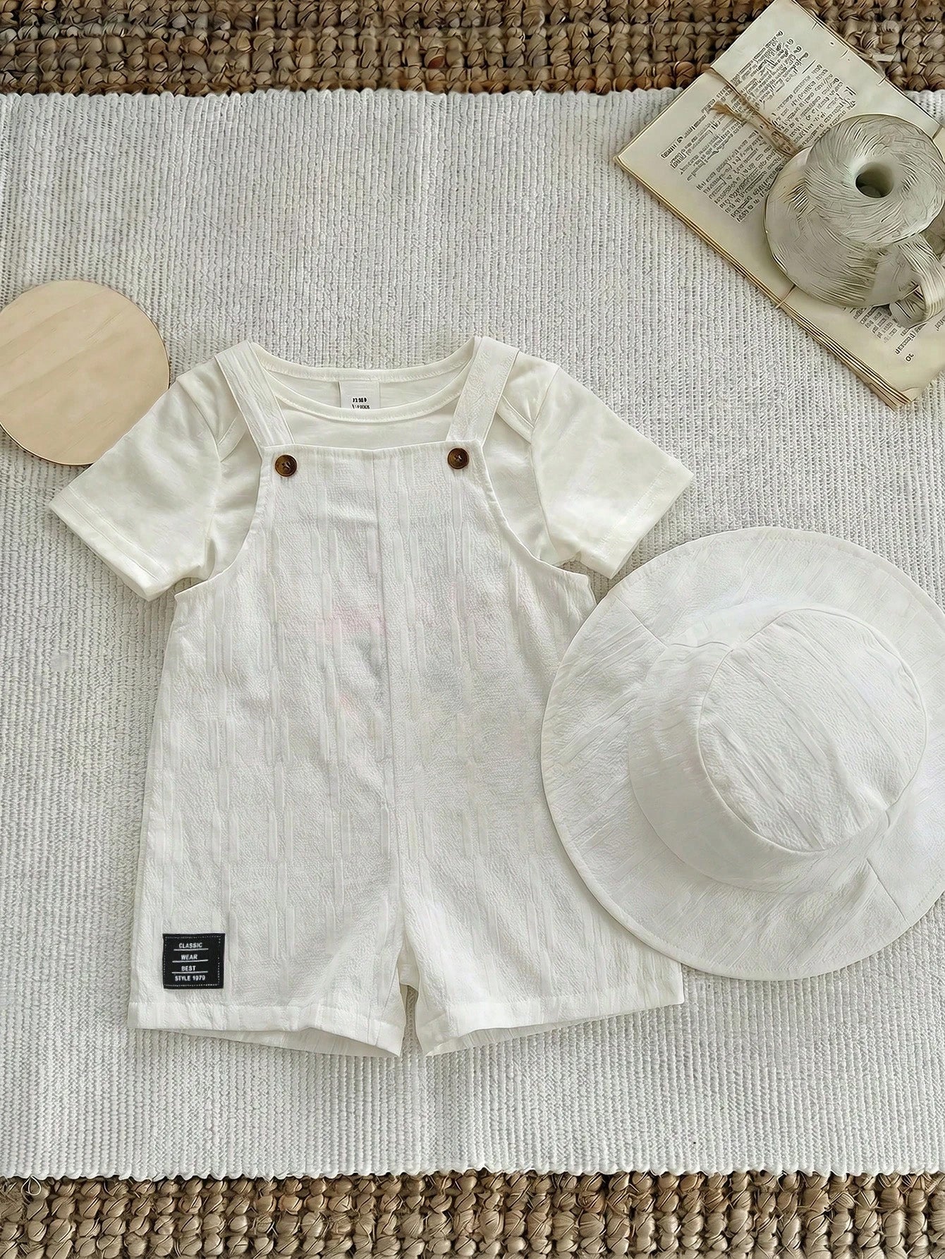 Baby Boys Bib Overall & Bucket Hat Set - Ivory