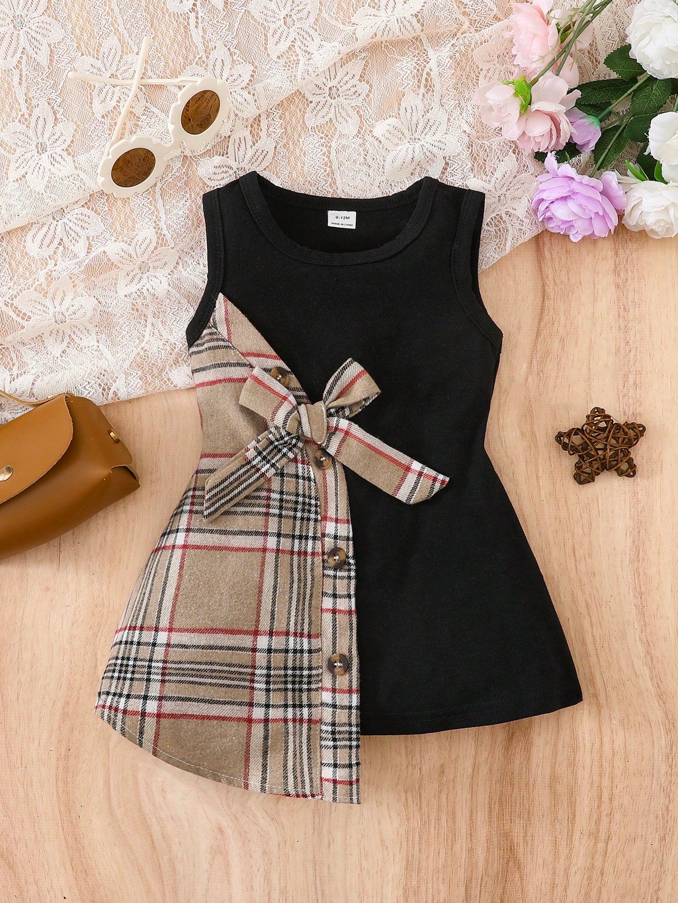 Girls Plaid Colourblock Bow-Tie Asymmetric Tank Dress - Onyx | 21 C...