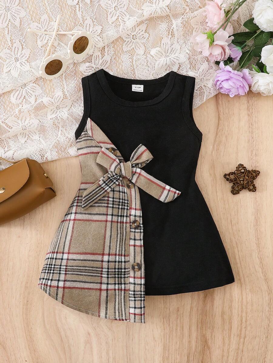 Girls Plaid Colourblock Bow-Tie Asymmetric Tank Dress - Onyx | 21 C...