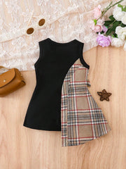 Girls Plaid Colourblock Bow-Tie Asymmetric Tank Dress - Onyx | 21 C...