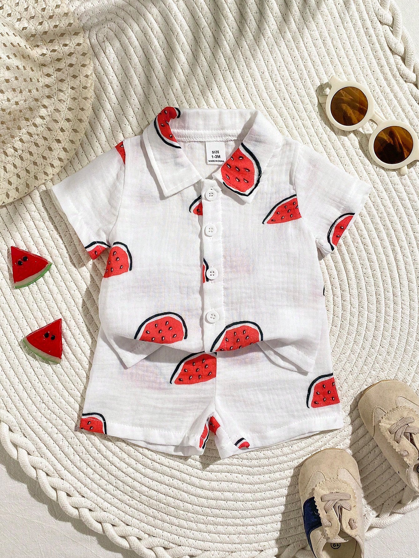 Baby Boys Watermelon Print Collar Shirt & Shorts Set - Isabelline