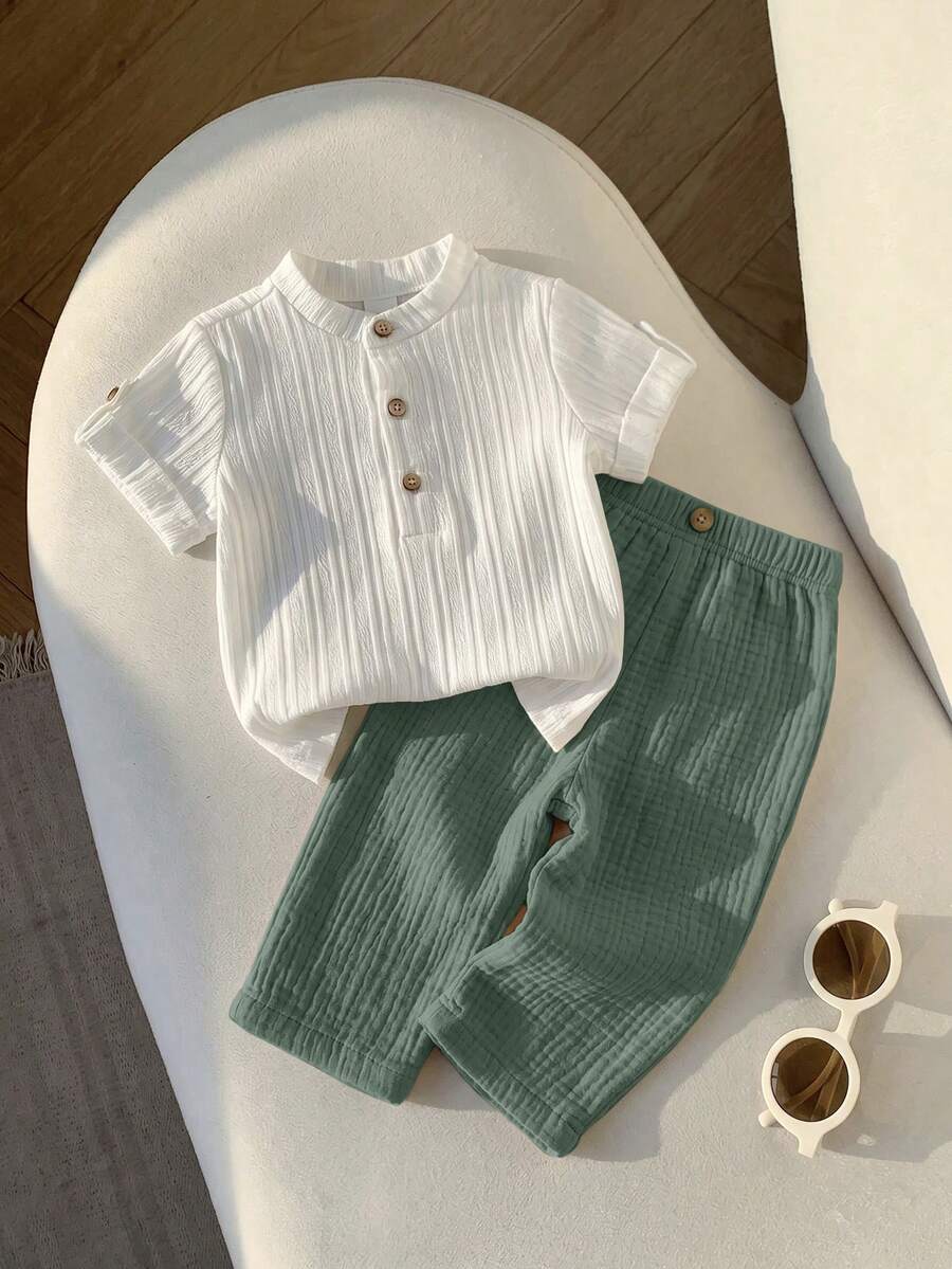 2pcs Boys Stand Collar Shirt & Linen Shorts Set - Ivory