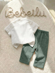 2pcs Boys Stand Collar Shirt & Linen Shorts Set - Ivory