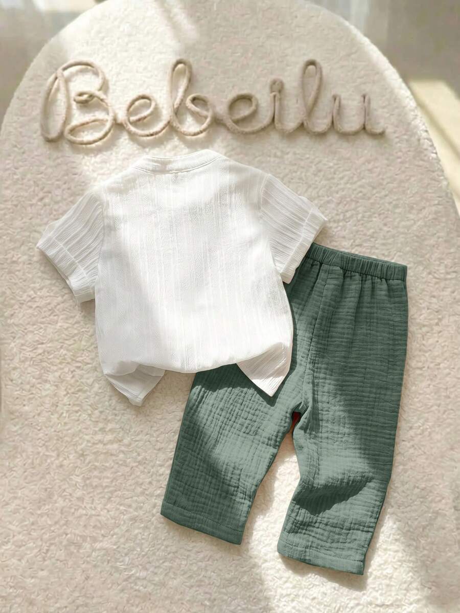 2pcs Boys Stand Collar Shirt & Linen Shorts Set - Ivory
