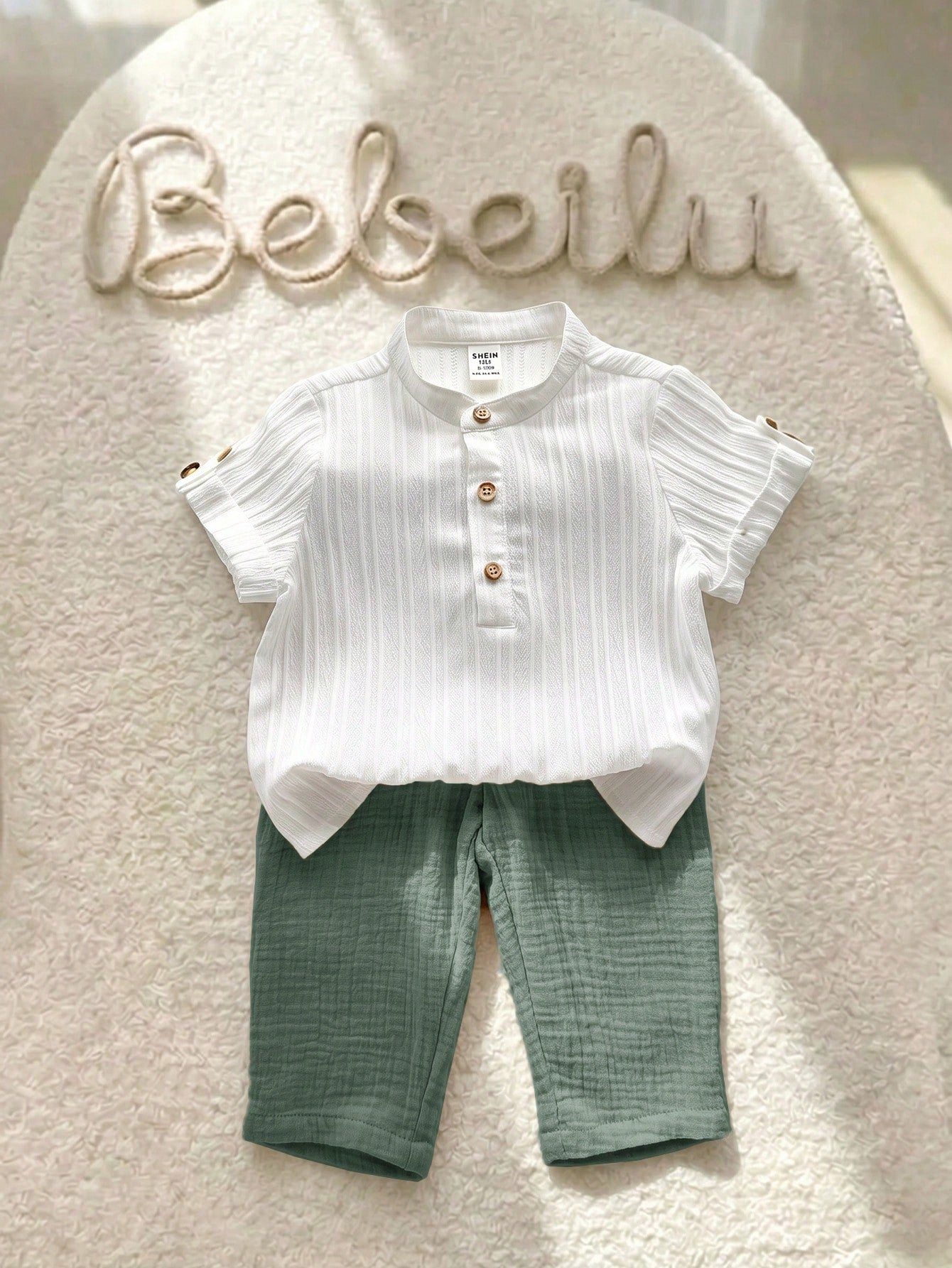 2pcs Boys Stand Collar Shirt & Linen Shorts Set - Ivory