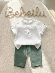 2pcs Boys Stand Collar Shirt & Linen Shorts Set - Ivory