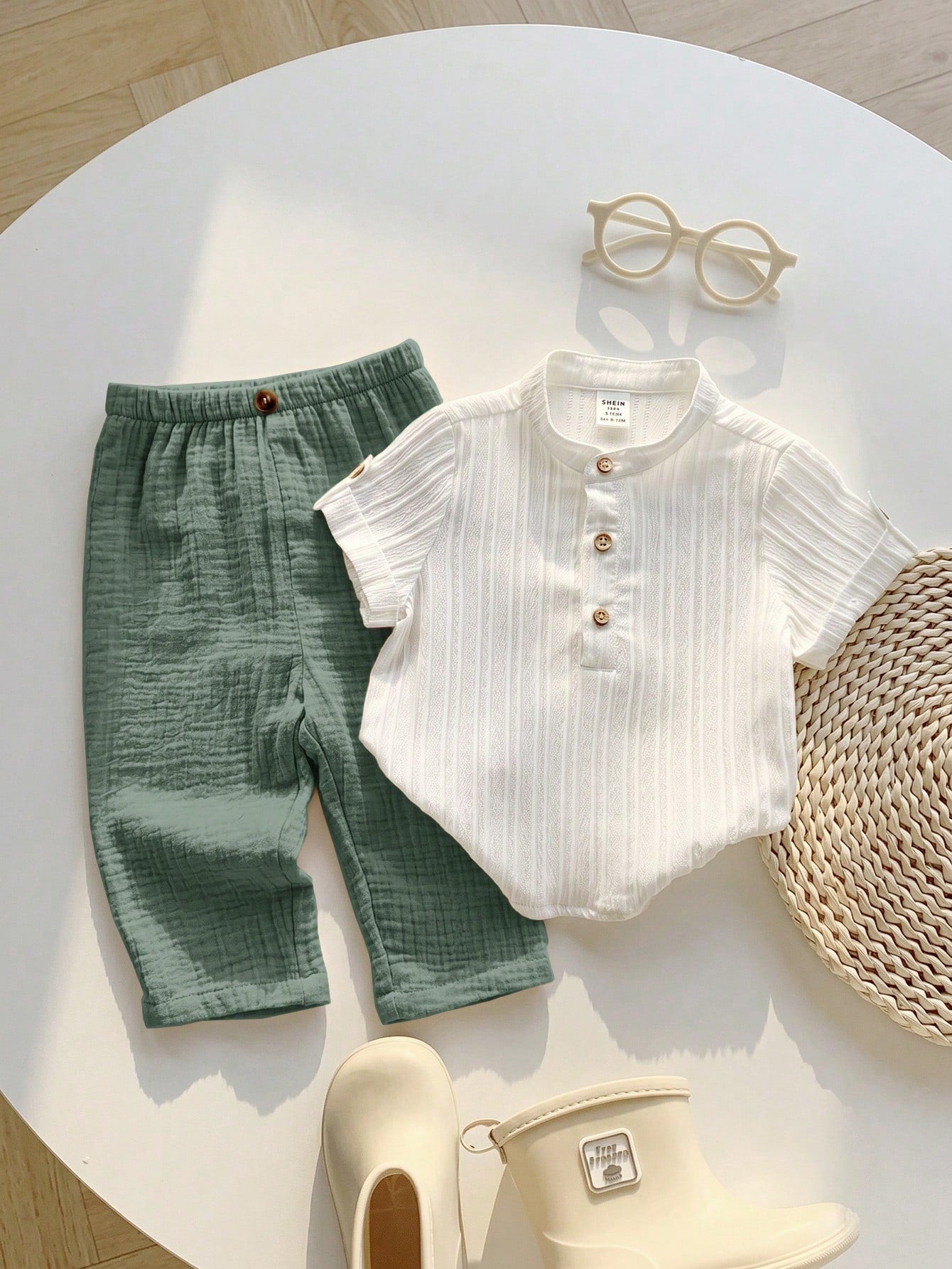 2pcs Boys Stand Collar Shirt & Linen Shorts Set - Ivory