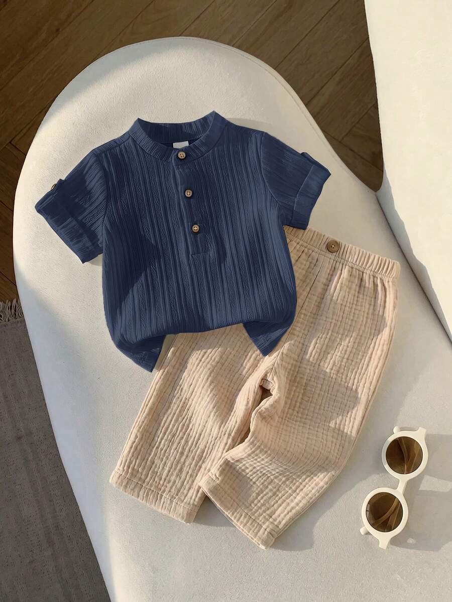 2pcs Boys Stand Collar Shirt & Textured Pants Set - Cerulean