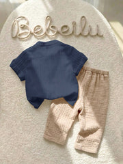 2pcs Boys Stand Collar Shirt & Textured Pants Set - Cerulean