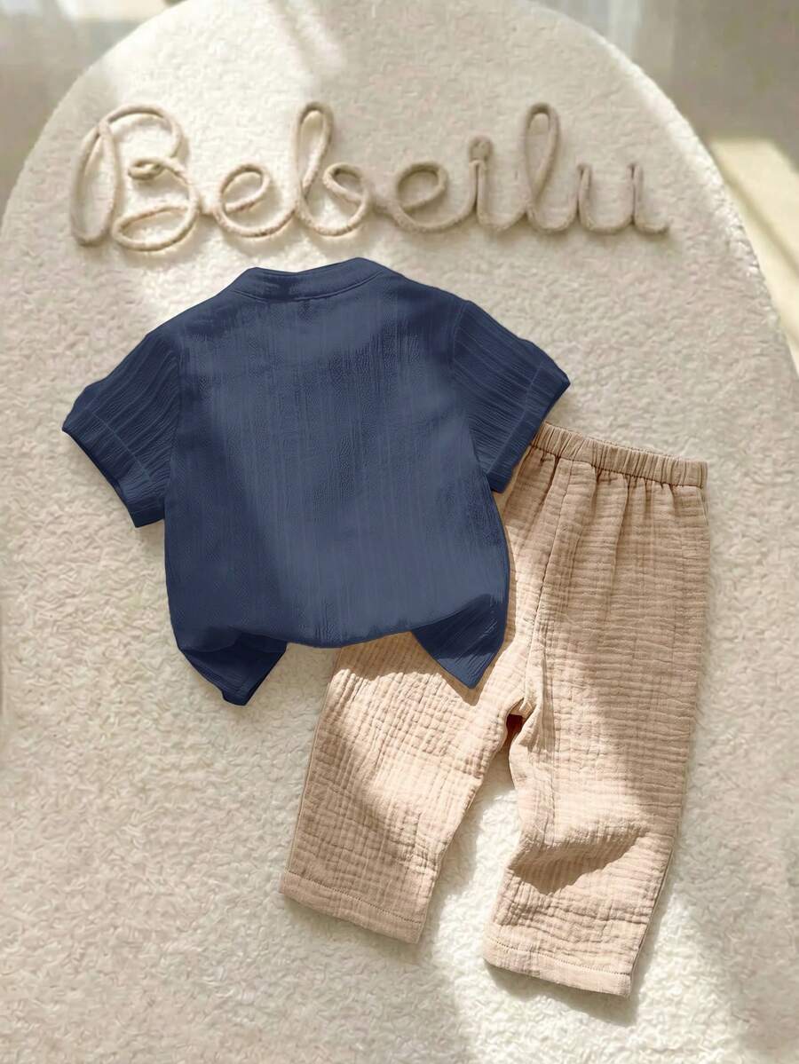 2pcs Boys Stand Collar Shirt & Textured Pants Set - Cerulean
