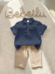 2pcs Boys Stand Collar Shirt & Textured Pants Set - Cerulean