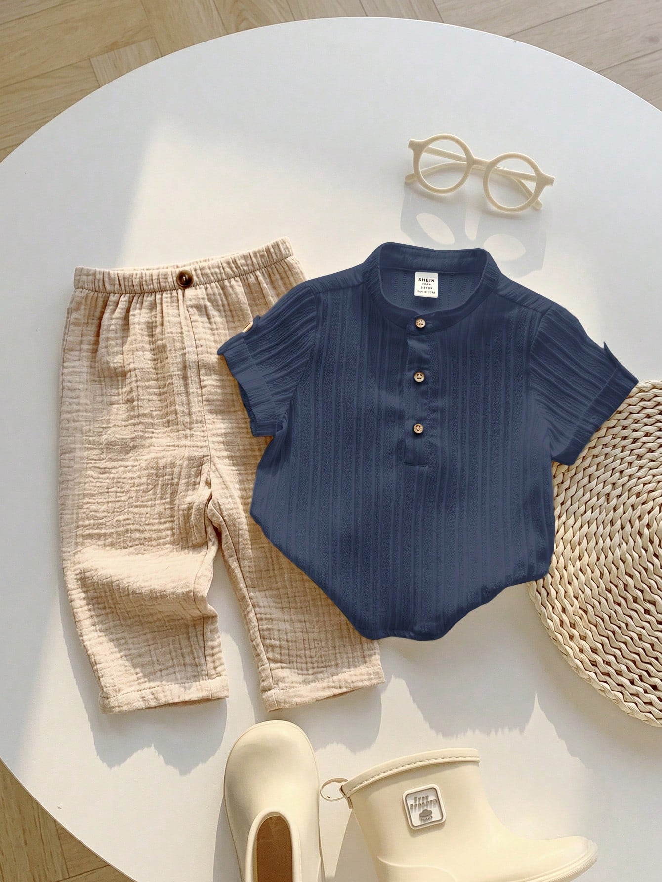 2pcs Boys Stand Collar Shirt & Textured Pants Set - Cerulean