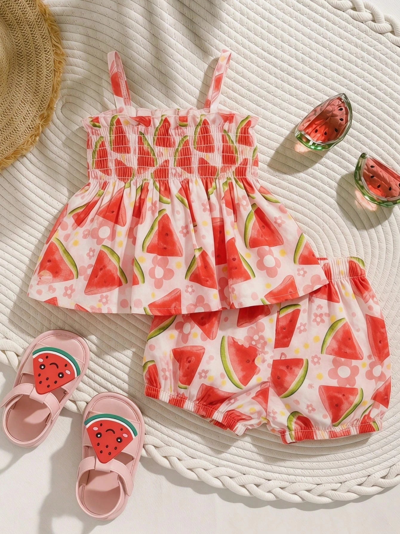 Girls Watermelon Print Smocked Camisole & Bloomer Set - Isabelline