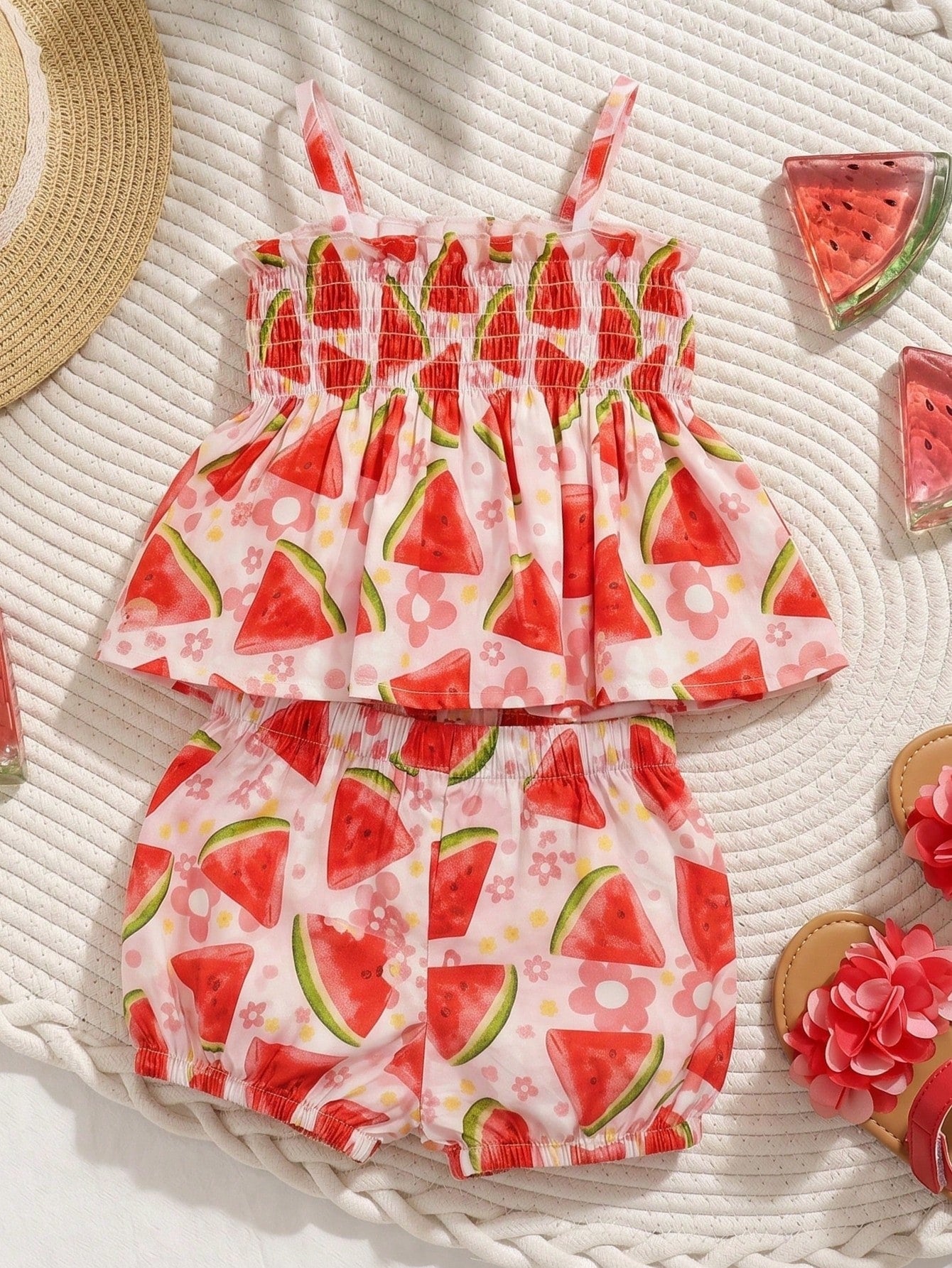 Girls Watermelon Print Smocked Camisole & Bloomer Set - Isabelline