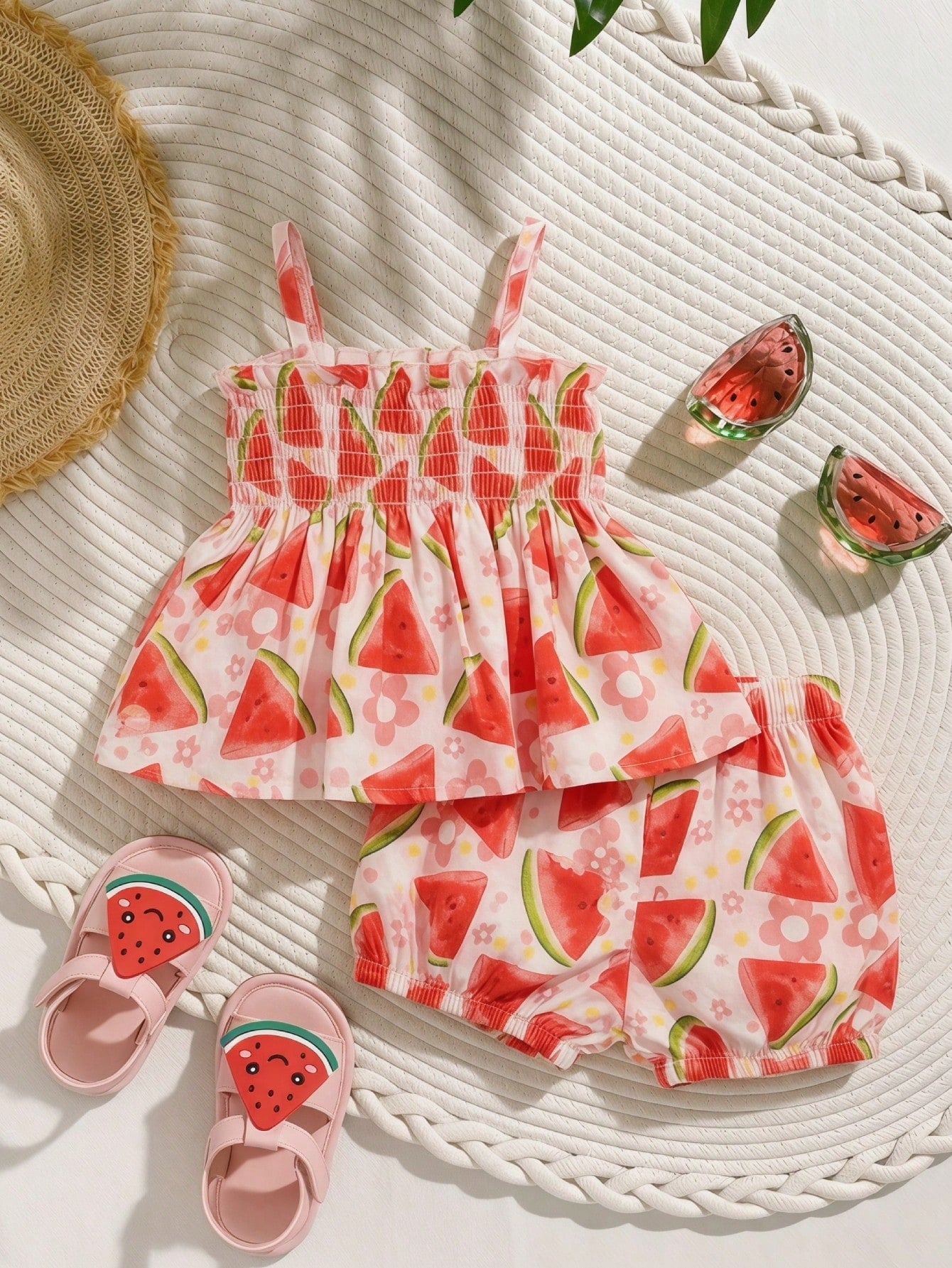Girls Watermelon Print Smocked Camisole & Bloomer Set - Isabelline