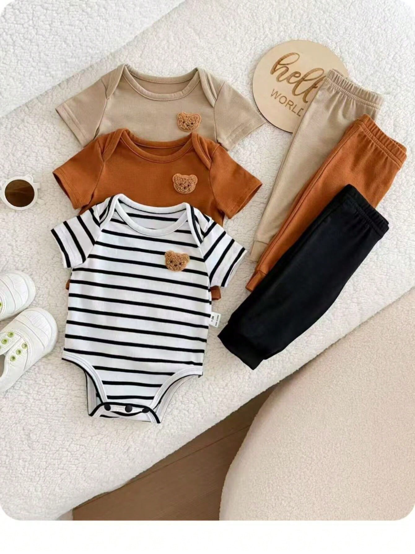 6pcs Baby Boys Bear Appliqué Bodysuit & Jogger Set - Ivory | 21 Cen...