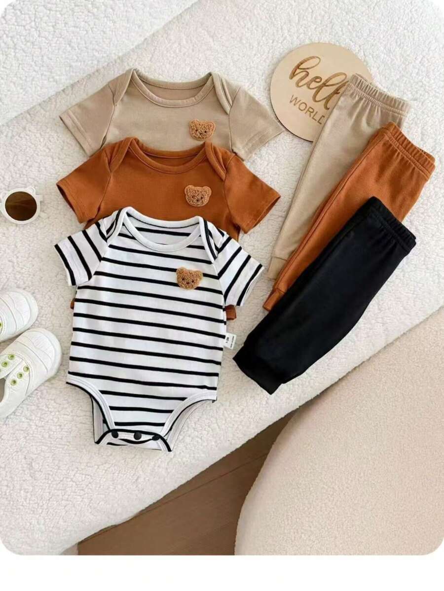 6pcs Baby Boys Bear Appliqué Bodysuit & Jogger Set - Ivory | 21 Cen...
