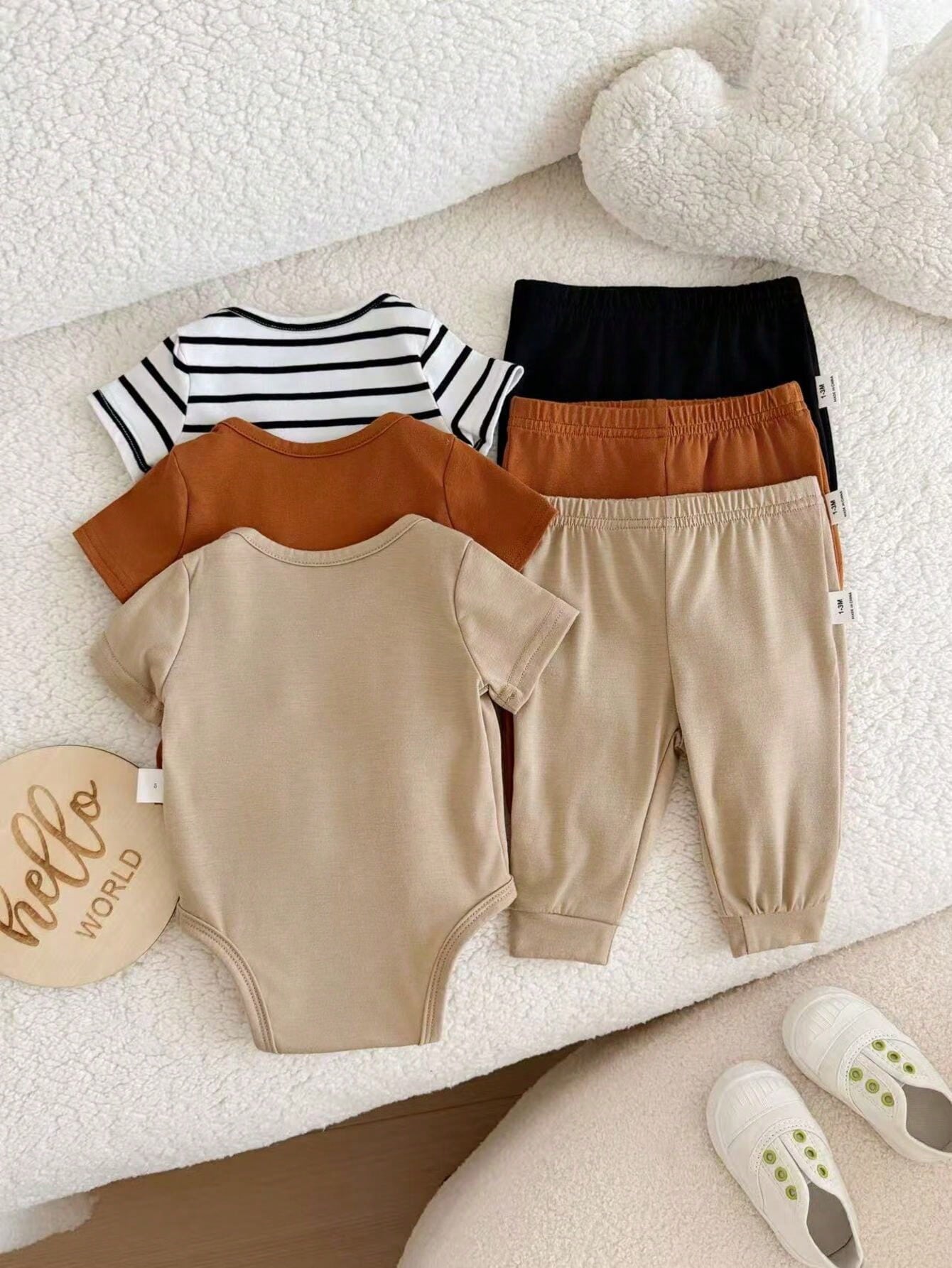 6pcs Baby Boys Bear Appliqué Bodysuit & Jogger Set - Ivory | 21 Cen...