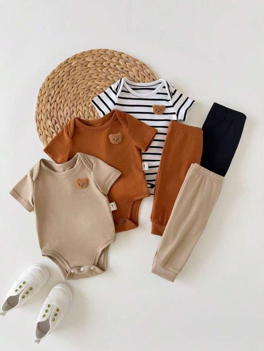 6pcs Baby Boys Bear Appliqué Bodysuit & Jogger Set - Ivory | 21 Cen...