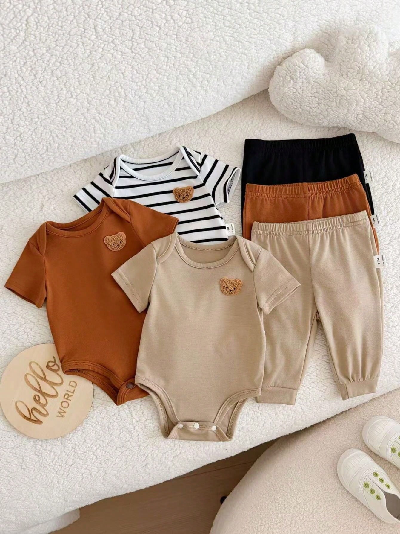 6pcs Baby Boys Bear Appliqué Bodysuit & Jogger Set - Ivory | 21 Cen...