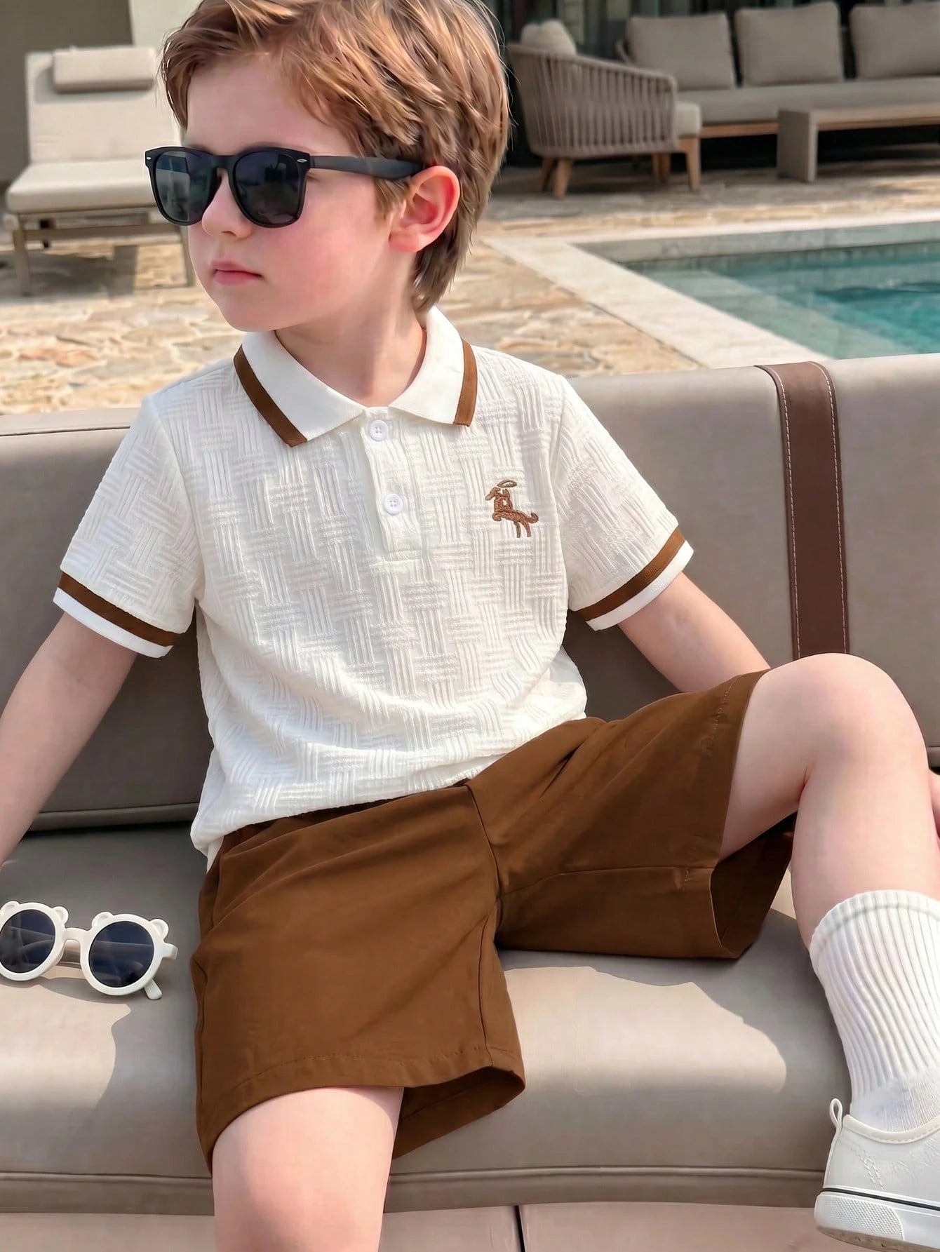 2pcs Little Boys Textured Polo & Chino Shorts Set - Ivory