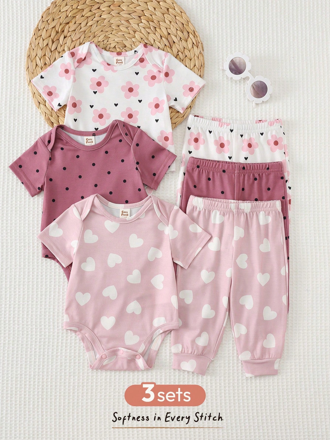 3pcs Baby Girls Floral & Heart Print Bodysuit & Jogger Set - Blush ...