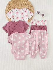 3pcs Baby Girls Floral & Heart Print Bodysuit & Jogger Set - Blush ...